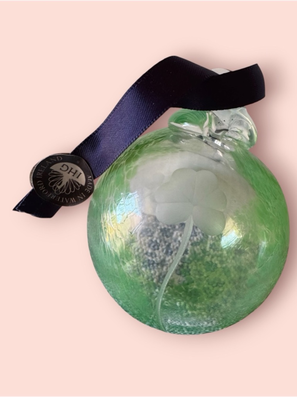 IHC Waterford Green Glass Clover Ornament with Ribbon